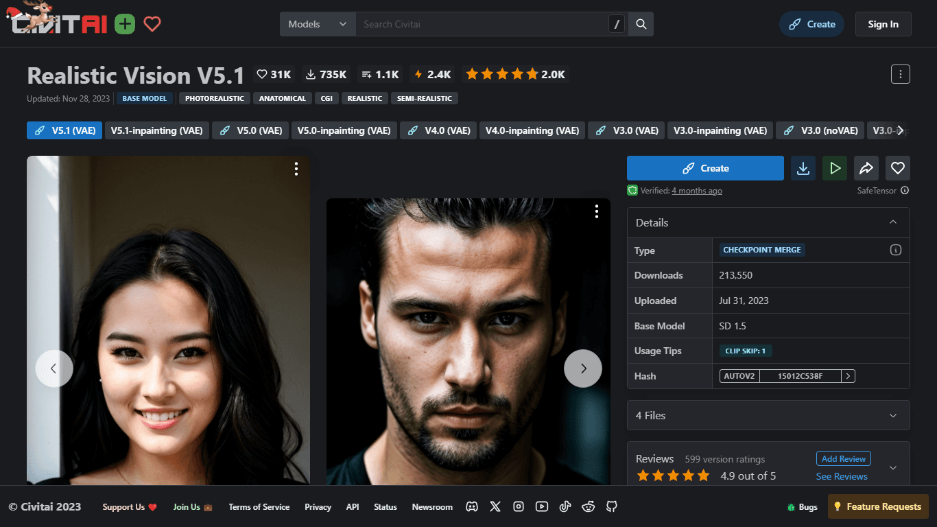 Realistic Vision V5.1 on CivitAI